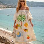 Beige Off Shoulder Tropical Print Maxi Dress