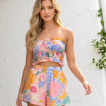 Floral Print Ruffle Trim Linen Blend Spaghetti Strap Two-Piece Shorts Set