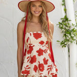 Beige Floral Print Linen Blend Scallop Trim Strapless Two-Piece Shorts Set
