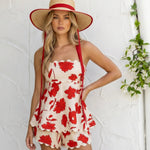Beige Floral Print Linen Blend Scallop Trim Strapless Two-Piece Shorts Set