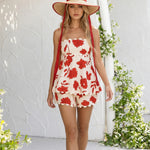 Beige Floral Print Linen Blend Scallop Trim Strapless Two-Piece Shorts Set