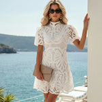 White Floral Lace High Neck Puff Sleeve Mini Dress