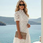 White Floral Lace High Neck Puff Sleeve Mini Dress