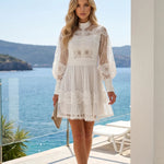 White Lace Long Sleeve High Neck A-Line Mini Dress