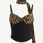Leopard Print Black Spaghetti Straps Corset Top