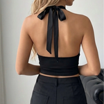 Black Lace Halter Neck Tie Back Crop Top
