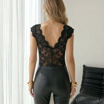 Black Floral Lace V Neck Cap Sleeve Bodysuit