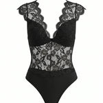 Black Floral Lace V Neck Cap Sleeve Bodysuit