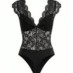 Black Floral Lace V Neck Cap Sleeve Bodysuit