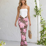 Pink Leopard Floral Print High Waist Bodycon Maxi Skirt