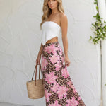 Pink Leopard Floral Print High Waist Bodycon Maxi Skirt