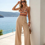 Beige Aztec Print Halter Neck Wide Leg Jumpsuit
