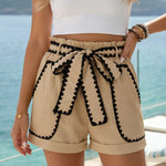 Beige Trim High Waisted Belted Shorts