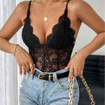 Black  Floral Lace Sheer Slim Fit Short Bodysuit
