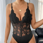 Black  Floral Lace Sheer Slim Fit Short Bodysuit