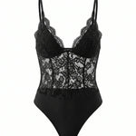 Black  Floral Lace Sheer Slim Fit Short Bodysuit