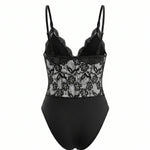 Black  Floral Lace Sheer Slim Fit Short Bodysuit