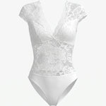 White Floral Lace V Neck Cap Sleeve Bodysuit
