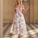 White Floral Print Off Shoulder Chiffon Midi Dress