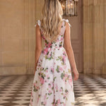 White Floral Print Off Shoulder Chiffon Midi Dress
