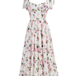 White Floral Print Off Shoulder Chiffon Midi Dress