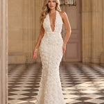 White 3D Rose Deep V Neck Halter Mermaid Maxi Dress