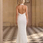 White 3D Rose Deep V Neck Halter Mermaid Maxi Dress