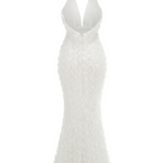 White 3D Rose Deep V Neck Halter Mermaid Maxi Dress