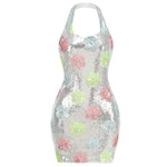 Silver Sparkling Floral Pattern Sequined Slim Fit Mini Dress