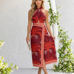 Red Tropical Print Halter Neck Cutout Backless Midi Dress