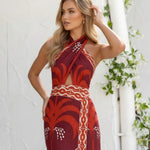 Red Tropical Print Halter Neck Cutout Backless Midi Dress