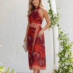 Red Tropical Print Halter Neck Cutout Backless Midi Dress