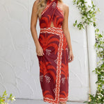 Red Tropical Print Halter Neck Cutout Backless Midi Dress