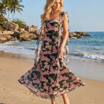 Black Floral Print Ruffle Strap Maxi Dress