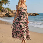 Black Floral Print Ruffle Strap Maxi Dress