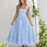 Blue Stripe Print Tie Shoulder Square Neck A-Line Midi Dress