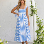 Blue Stripe Print Tie Shoulder Square Neck A-Line Midi Dress