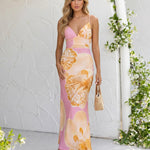 Pink Floral Print Back Cutout Spaghetti Strap Maxi Dress