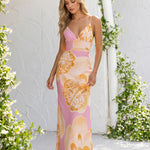 Pink Floral Print Back Cutout Spaghetti Strap Maxi Dress