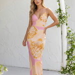 Pink Floral Print Back Cutout Spaghetti Strap Maxi Dress