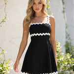 Black Trim Square Neck A-Line Mini Dress
