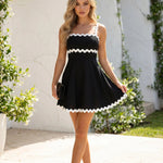 Black Trim Square Neck A-Line Mini Dress