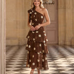 Brown Polka Dot One Shoulder Tiered Chiffon Midi Dress