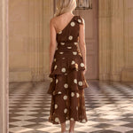 Brown Polka Dot One Shoulder Tiered Chiffon Midi Dress