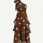 Brown Polka Dot One Shoulder Tiered Chiffon Midi Dress