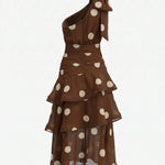 Brown Polka Dot One Shoulder Tiered Chiffon Midi Dress