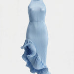 Light Blue High Slit Ribbed Knit Slim Fit Midi Dress