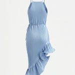 Light Blue High Slit Ribbed Knit Slim Fit Midi Dress