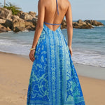 Blue Floral Print Halter Backless Midi Dress
