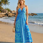 Blue Floral Print Halter Backless Midi Dress